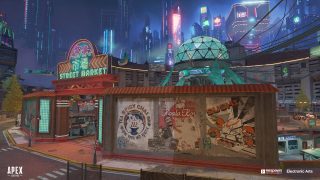 Wide shot of the Street Market POI on the E-District map.