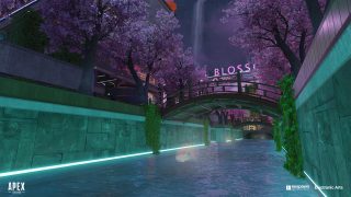 Low shot of the river canal by the Blossom Drive POI on the E-District map.