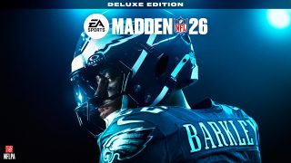 A version of the temporary Madden NFL 26 key art featuring the official logo at the top, blue football helmet and NFL PA logo at the bottom left