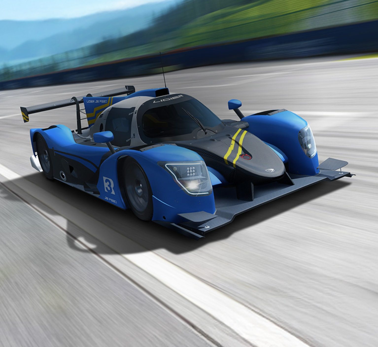 Blue and black Ligier JS P320 racing car speeding on a race track