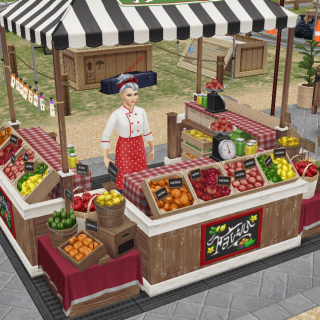 In-game screenshot showing a Sim at food stall.