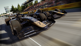 In-game image close up of f1 cars racing on the track